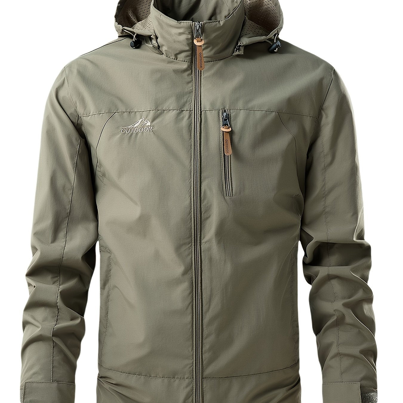 Erkaklar uchun suv o'tkazmaydigan, shamol o'tkazmaydigan, tikuvli dizaynga ega, bir nechta cho'ntaklari, krujka yelkalari, oddiy yenglari, fermuarli plakat bilan 100% polyester nylon materialidan tayyorlangan.