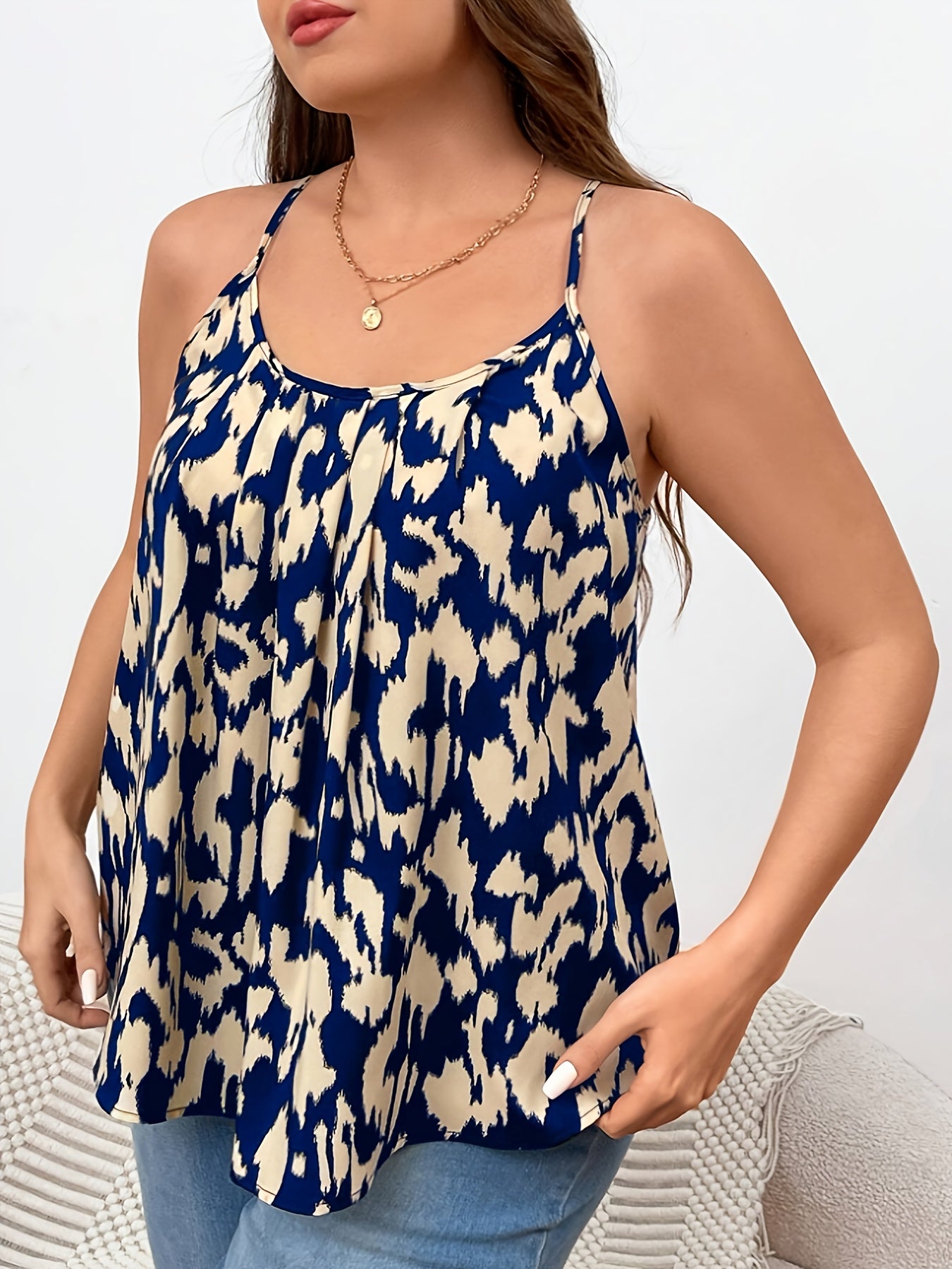 Plus Size Floral Off-Shoulder Tank Top Navy Sleeveless Casual Blouse