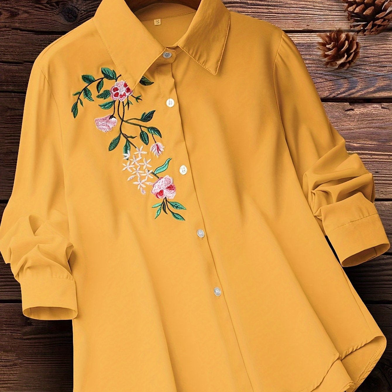 Women's Embroidered Floral Woven Shirt with Lapel Collar for Spring and Fall