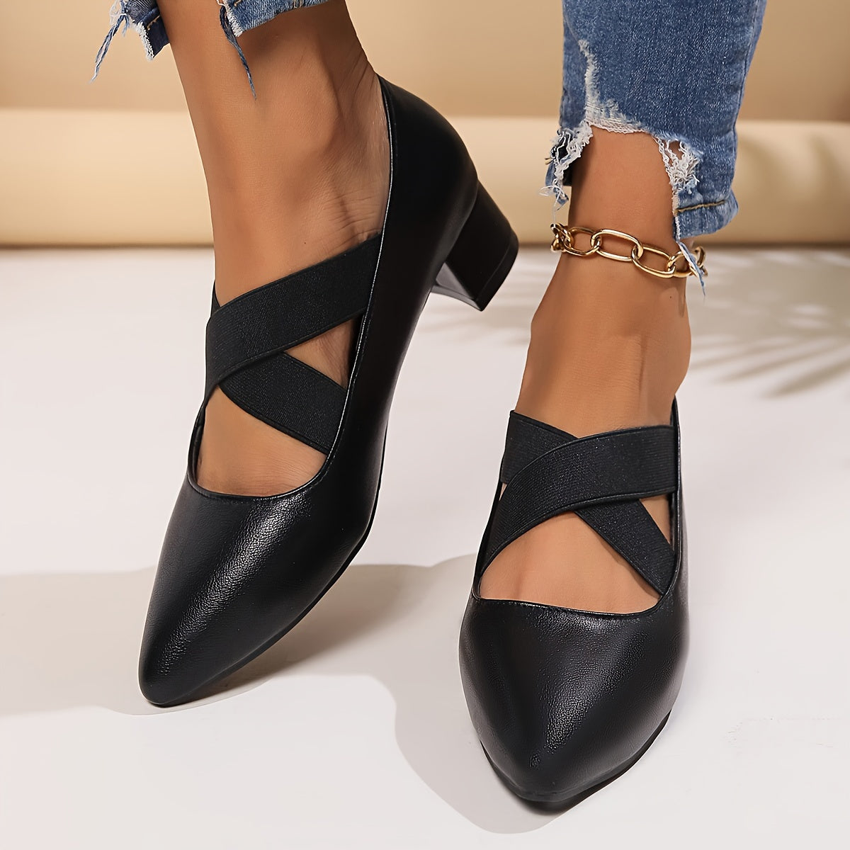 Women's Black Pointed Toe Pumps with Cross Straps and Chunky Heel