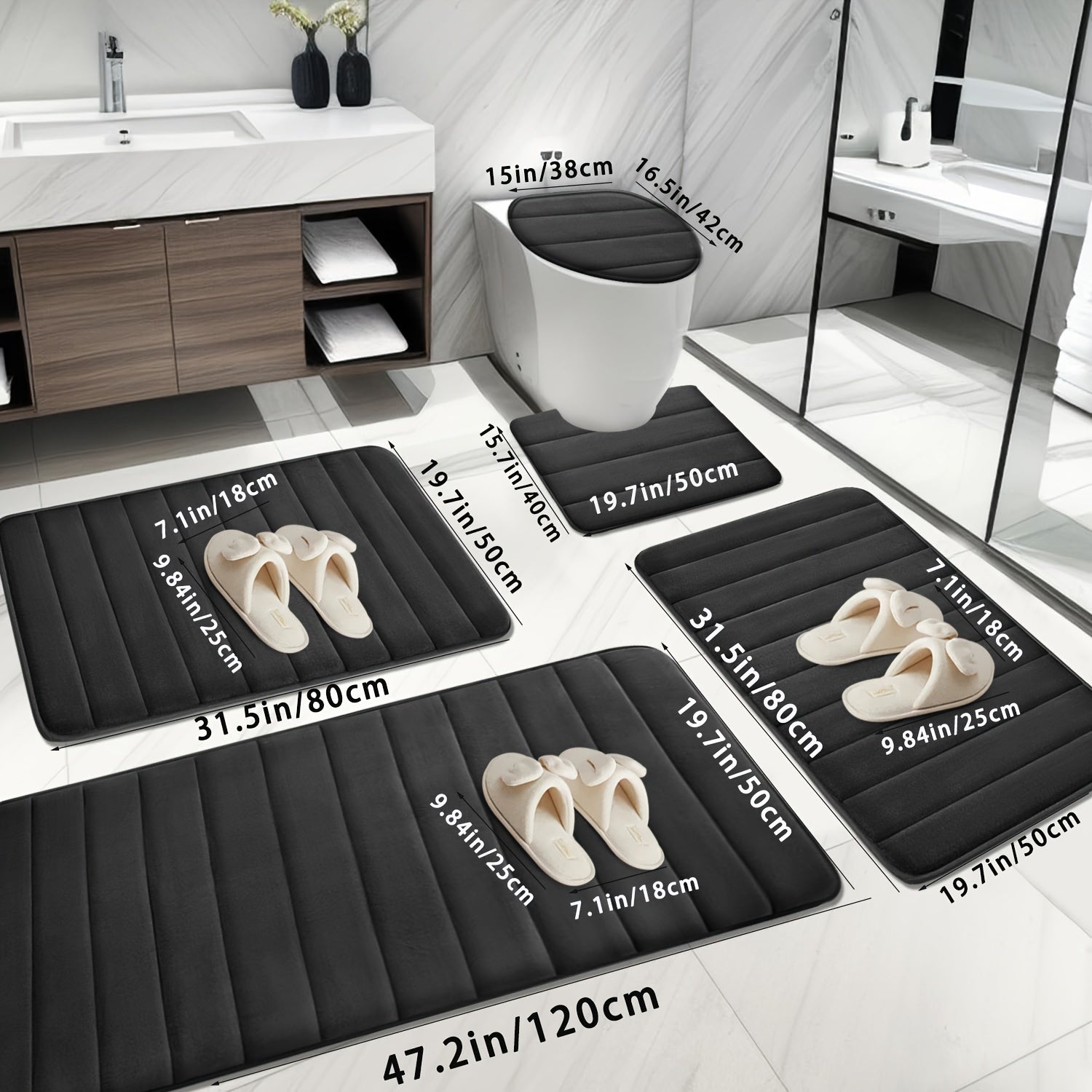 Набор из 5 ковриков для ванной из памяти с нескользящей, впитывающей мягкой полиэстеровой тканью в черном, сером, синем и коричневом цветах