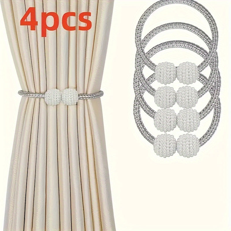 Set of 4 Magnetic Curtain Tiebacks with Faux Pearl Accents for Living Room and Bedroom