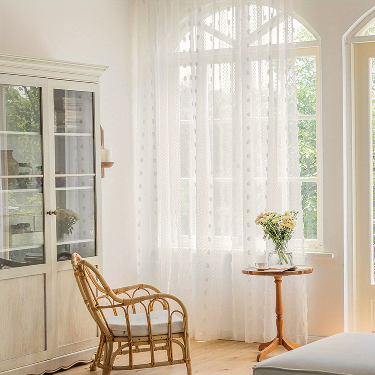 French Pastoral White Gauze Curtain 1 Piece for Bay Window Living Room Bedroom