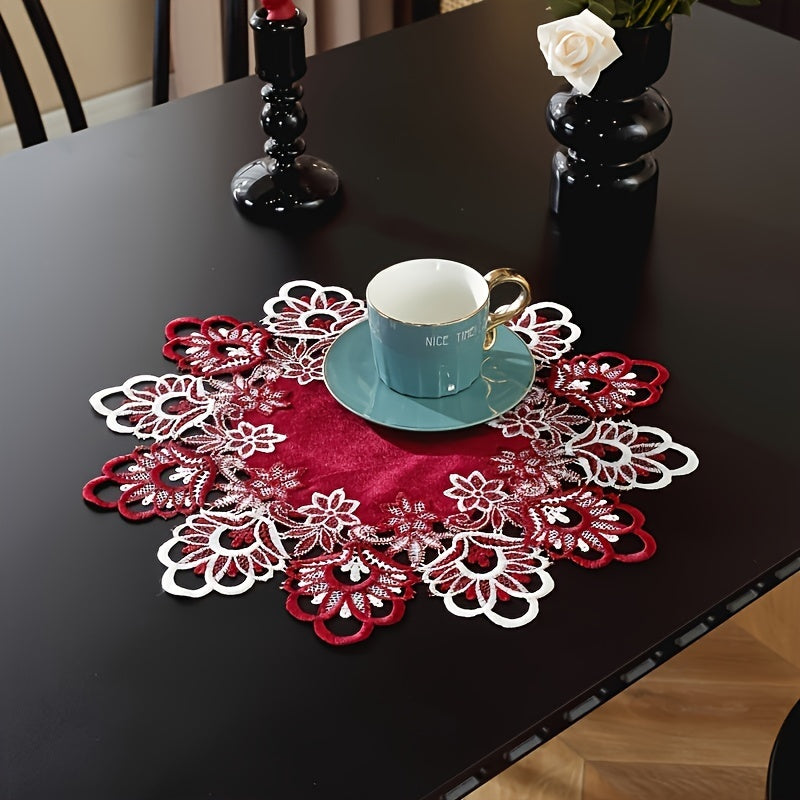 Embroidered Lace Border Polyester Table Mat 50cm Diameter for Home Decor and Events