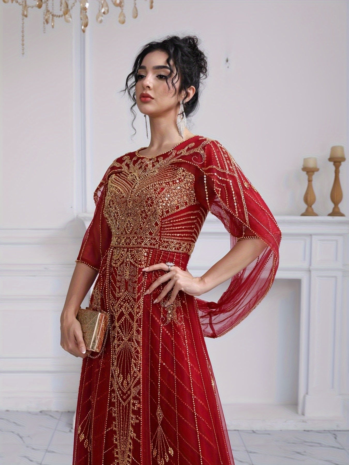 Women's Sequin Beaded Embroidery Evening Dress Fitted Bodice Wedding Gown