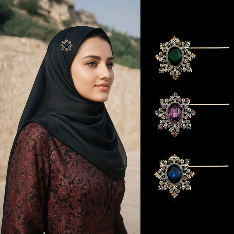 Vintage Alloy and Glass Headscarf Pin with Irregular Shape and Luxurious Style
