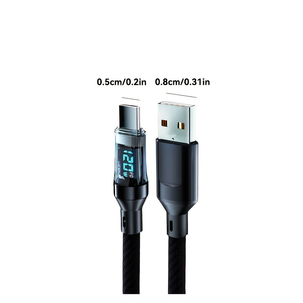 120W USB-C Charging Cable with LED Power Display Flat PVC Data Cable
