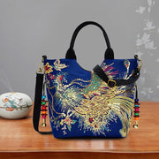 Embroidered Canvas Satchel Bag for Women with Double Handles and Removable Strap in Animal Print