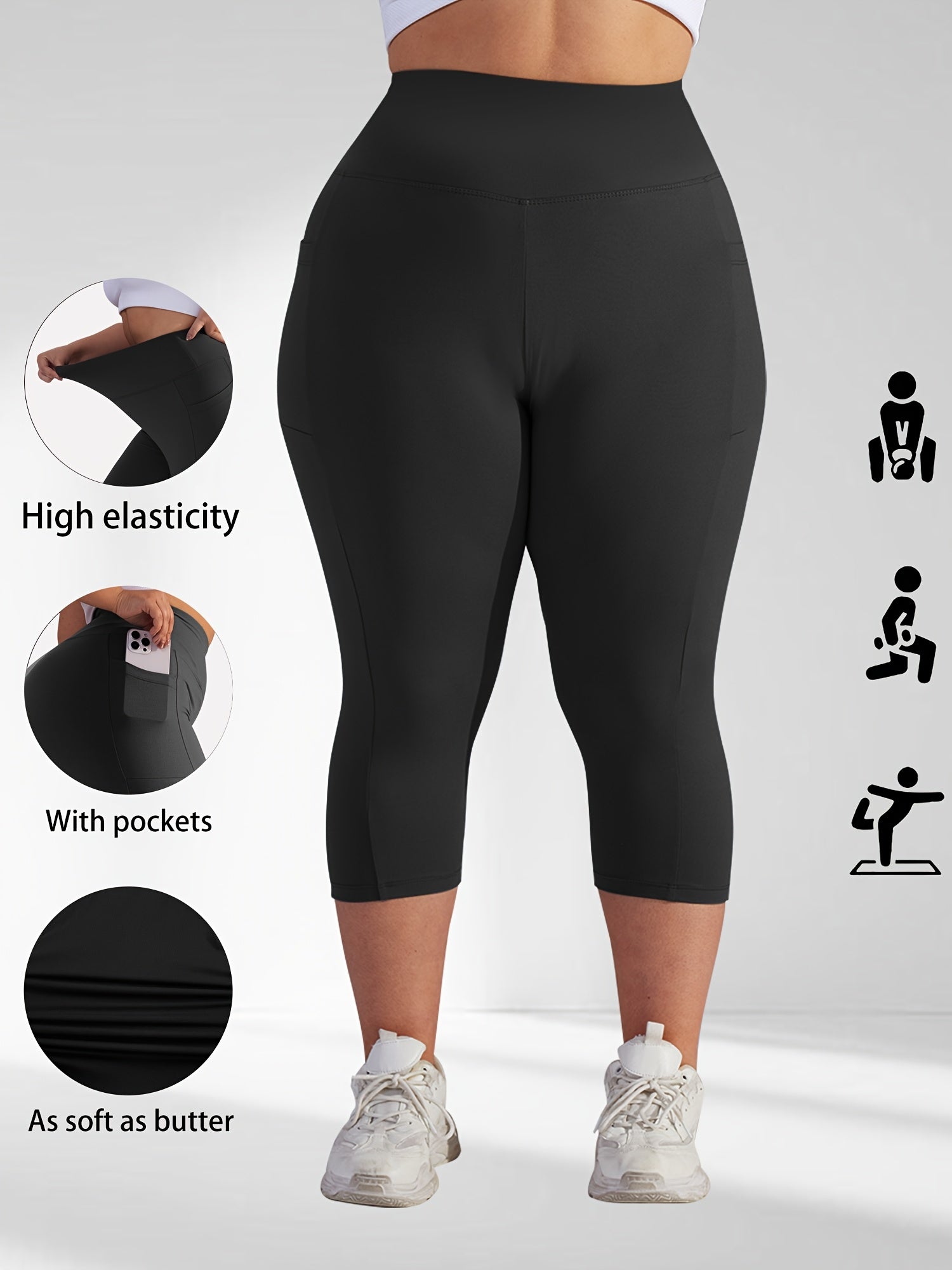 Женские капри-лосины большого размера с высокой талией и карманами, из полиэстеровой смеси, тёмно-синий