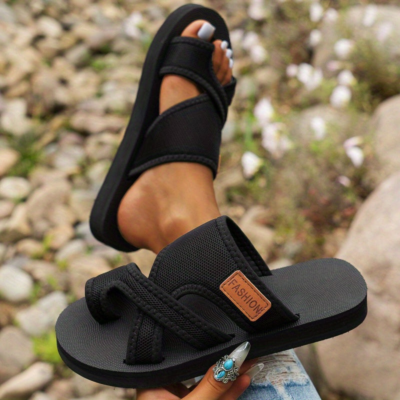 Women's Summer Mesh Slip-On Sandals Open-Toe Flat Strappy Black