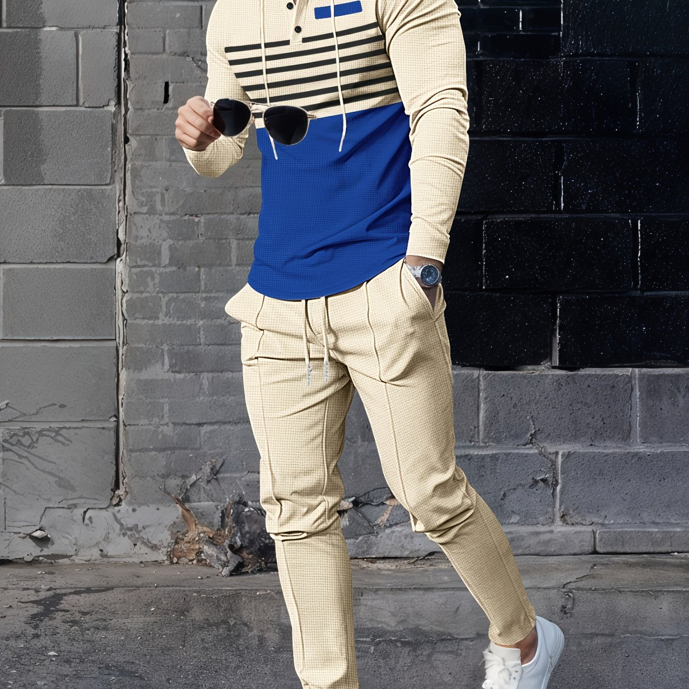 Autumn Waffle Striped Hooded Tracksuit Set for Outdoor Sports and Casual Wear