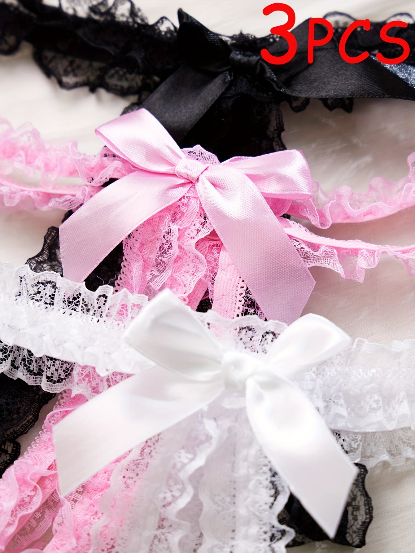 Women's Lace Thongs with Open Crotch and Bow Detail Semi-Sheer Nylon Blend Lingerie