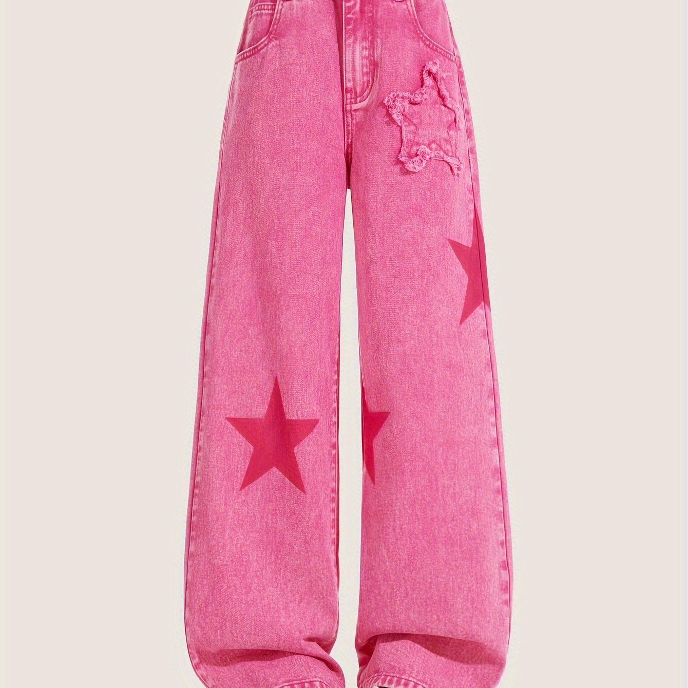 Kids' Wide-Leg Denim Jeans with Star Pattern Elastic Waist Non-Stretch Cotton
