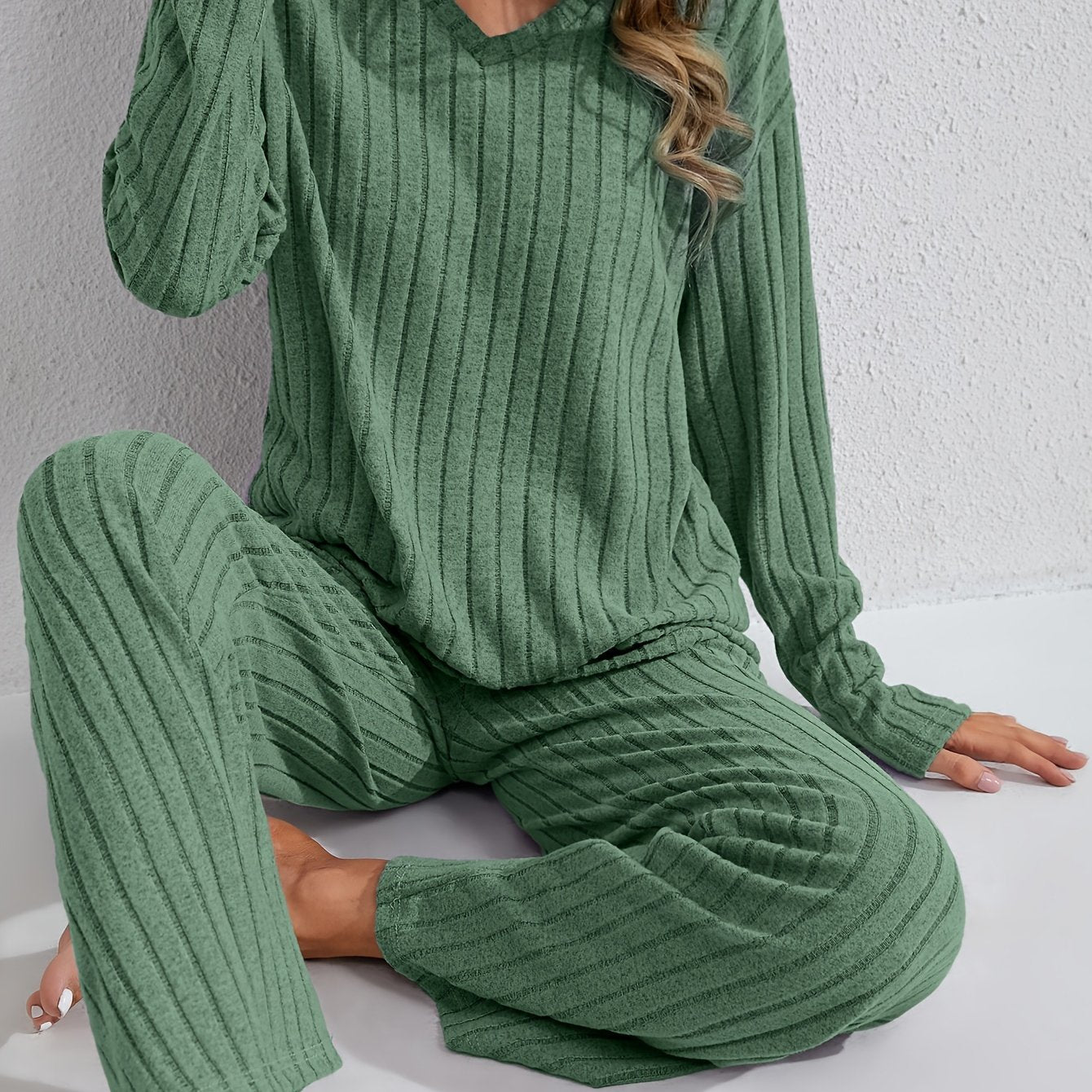 Women's Long Sleeve Pajama Set with Pants for Autumn Winter Solid Color Micro Elastic Polyester