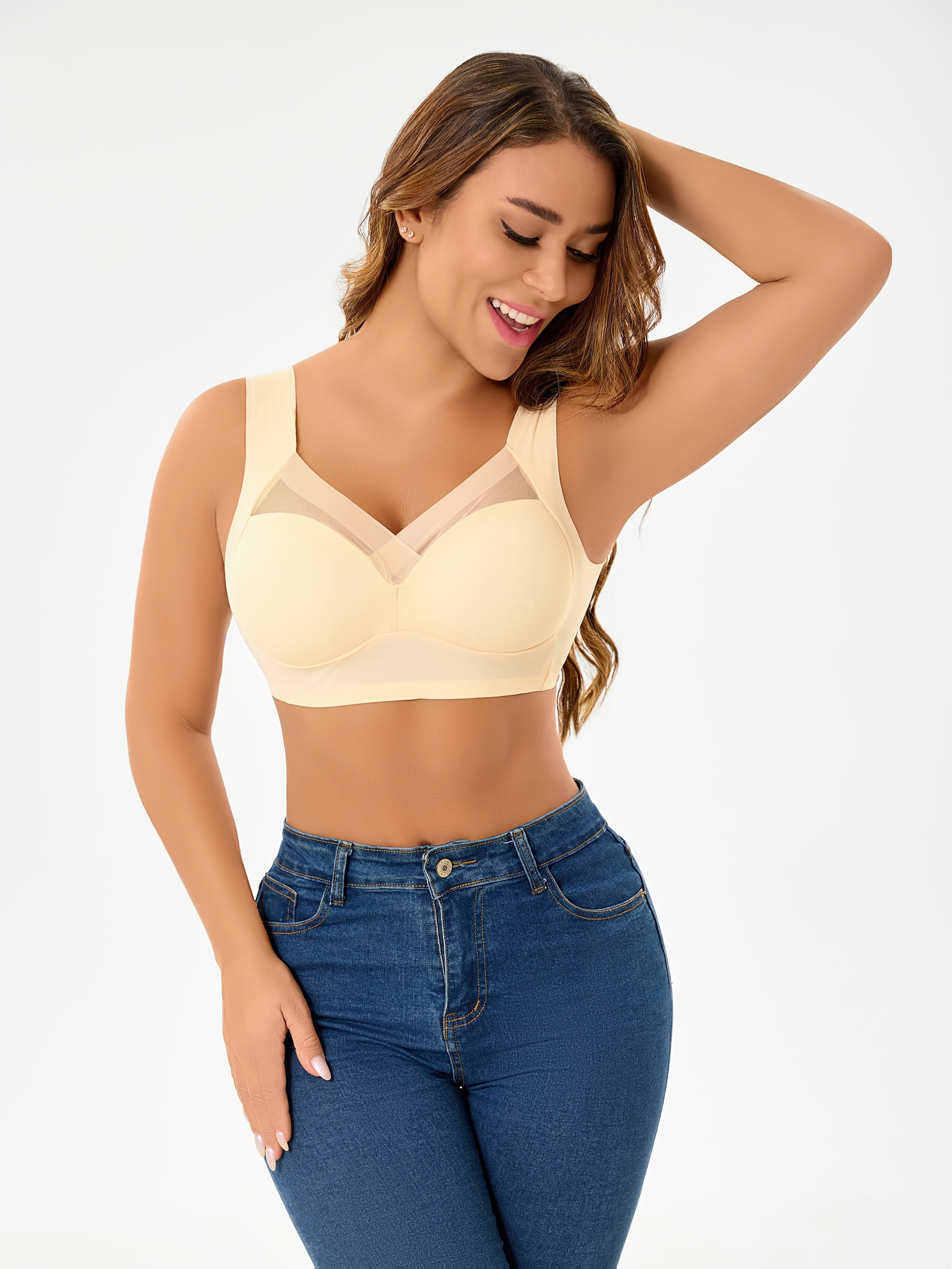 Women's Seamless Wire-Free V-Neck Bras Light Blue Beige Black 1XL-XXL