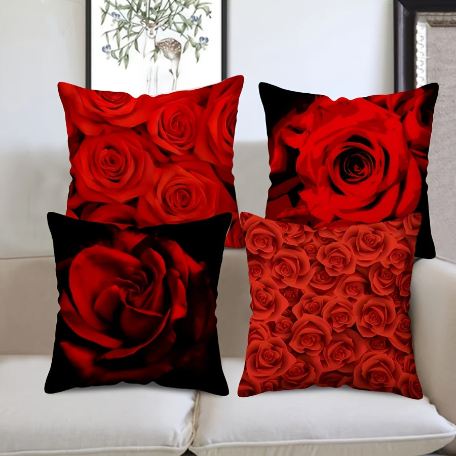 Red Rose Printed Throw Pillow Cover 44.96cm x 44.96cm Floral Cushion Cover for Valentine's Day and Wedding