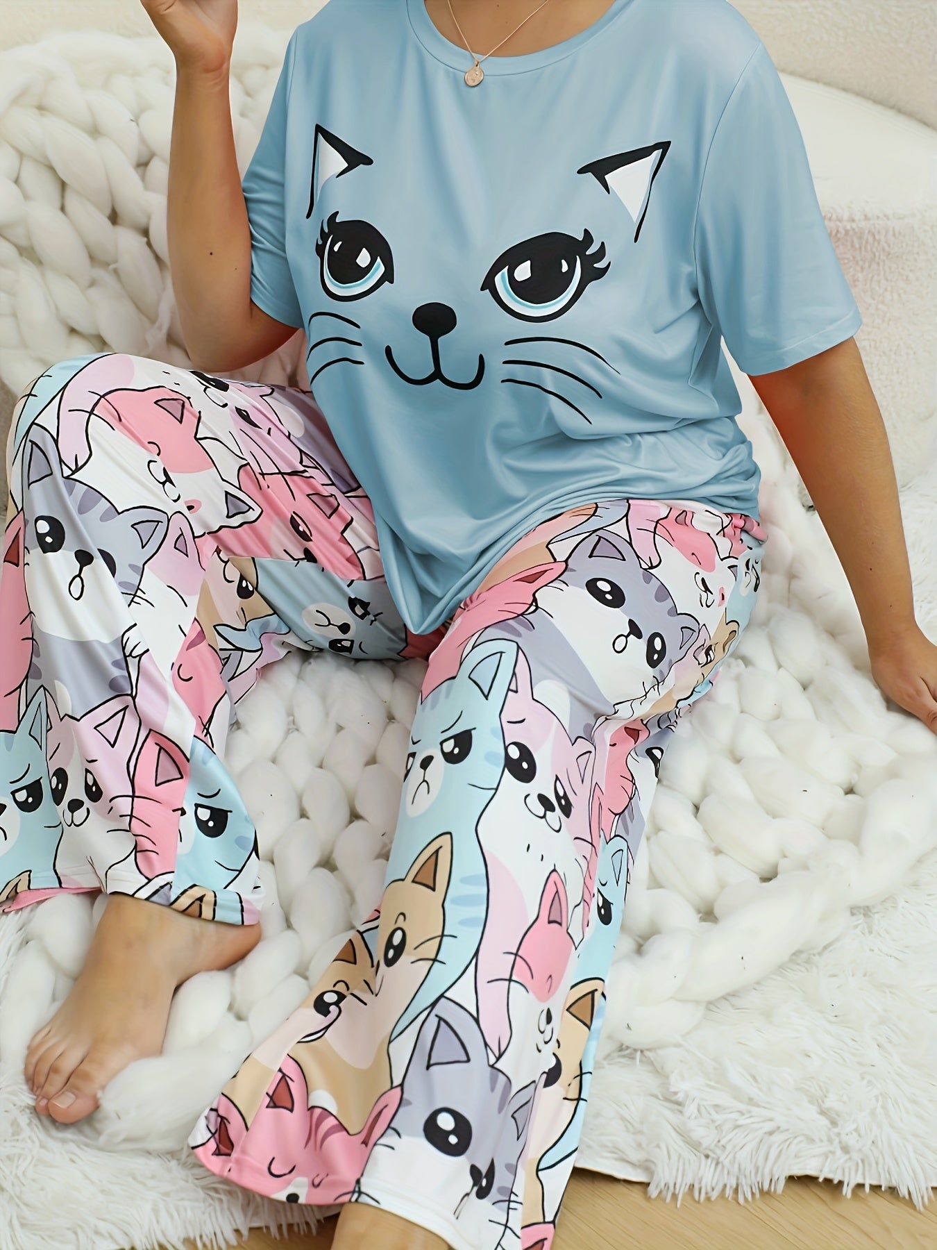 Women's Plus Size Cat Print Pajama Set Short Sleeve Long Pants Polyester Blend
