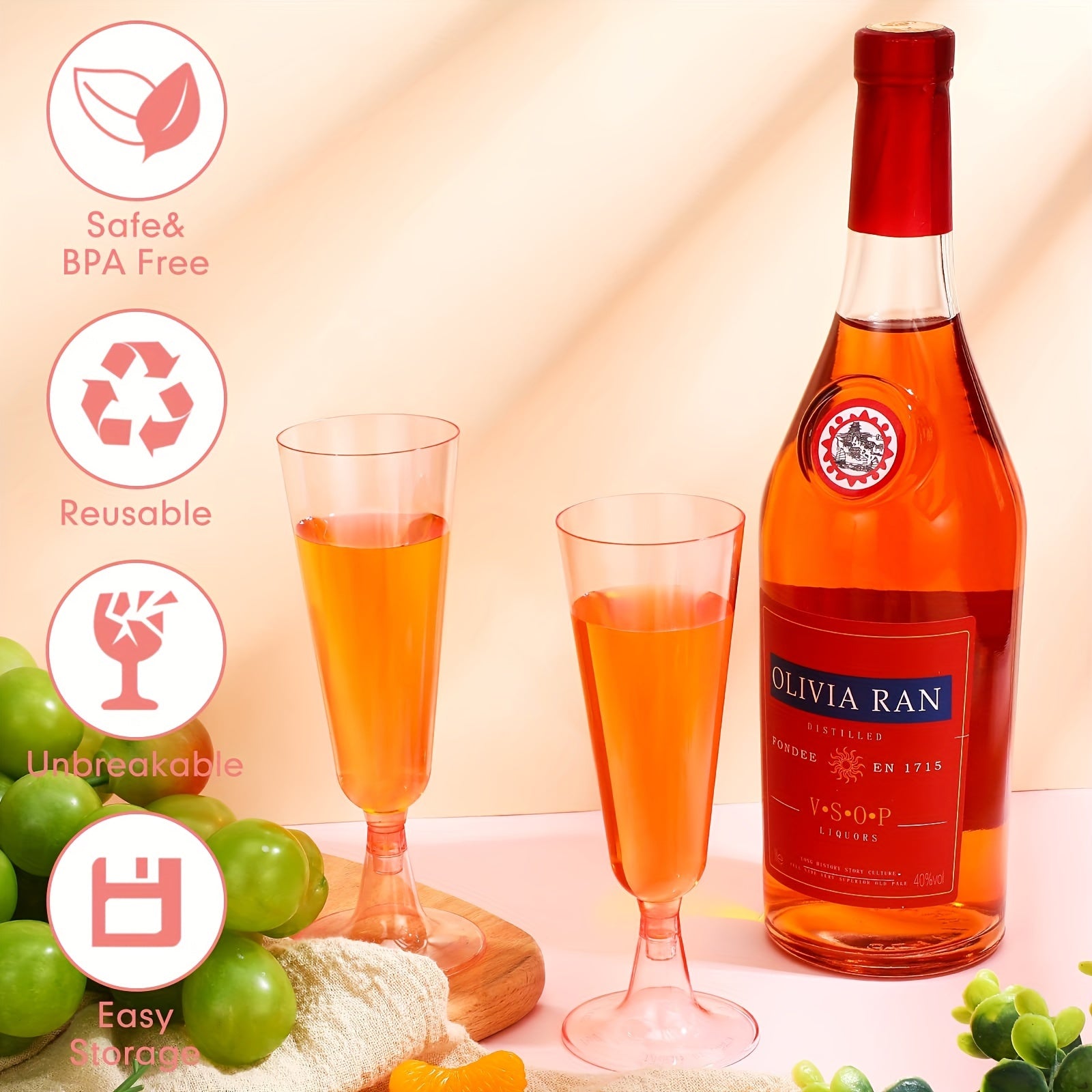 25 Pack Clear Plastic Champagne Flutes with Pink Crystal for Weddings Parties