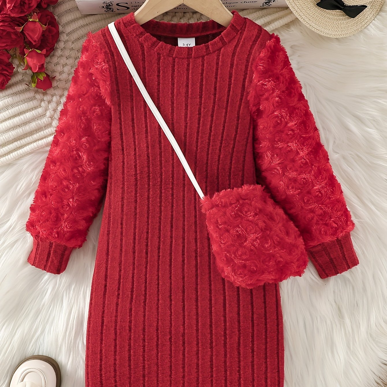Girls Velvet Two Piece Set with Long Sleeve Top and Solid Dress