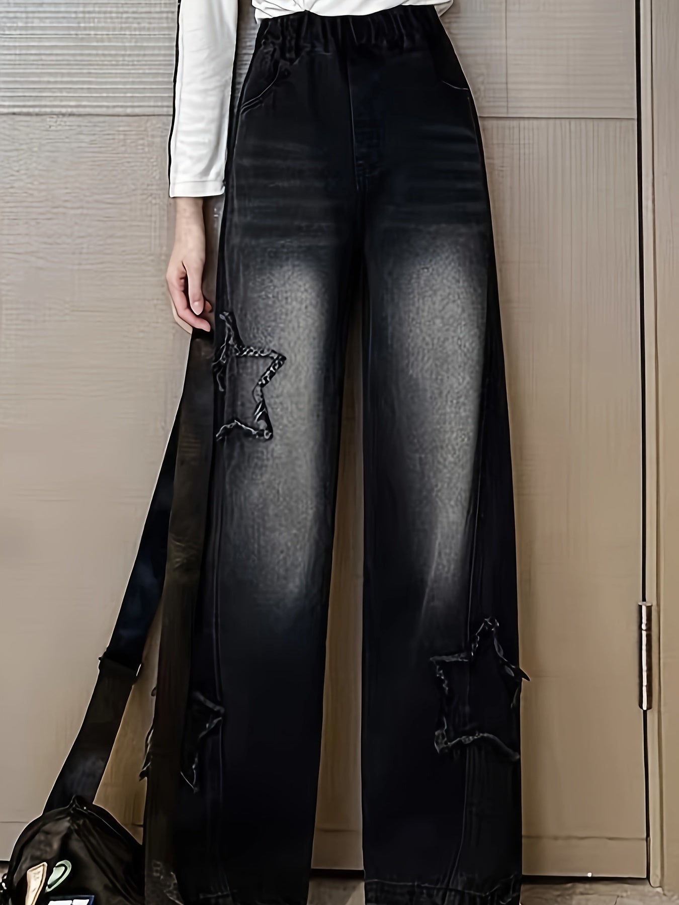 Teen Denim Jeans with Star Appliques Straight Leg Long Length Casual Street Style
