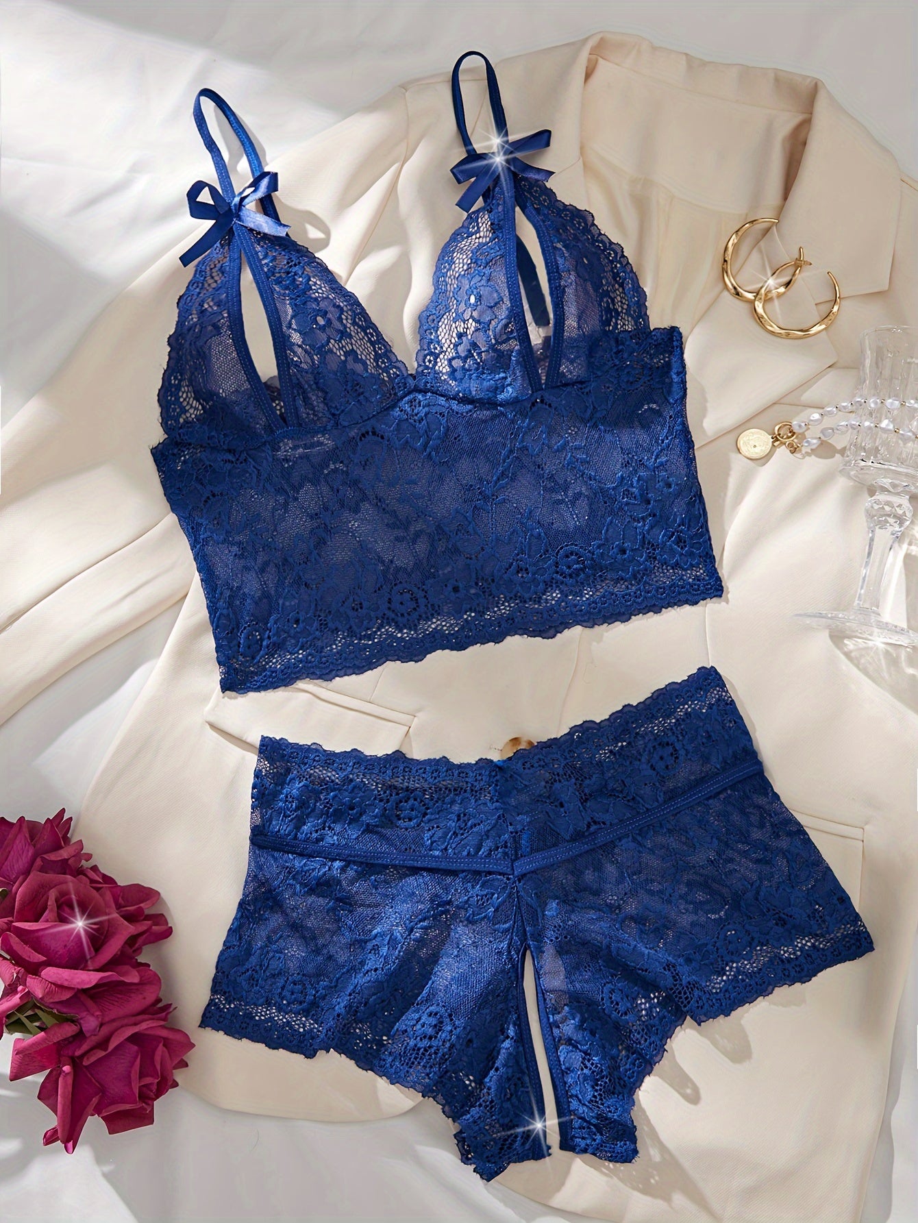 Women's Floral Lace Lingerie Set with Bow Bra and Crotchless Panties