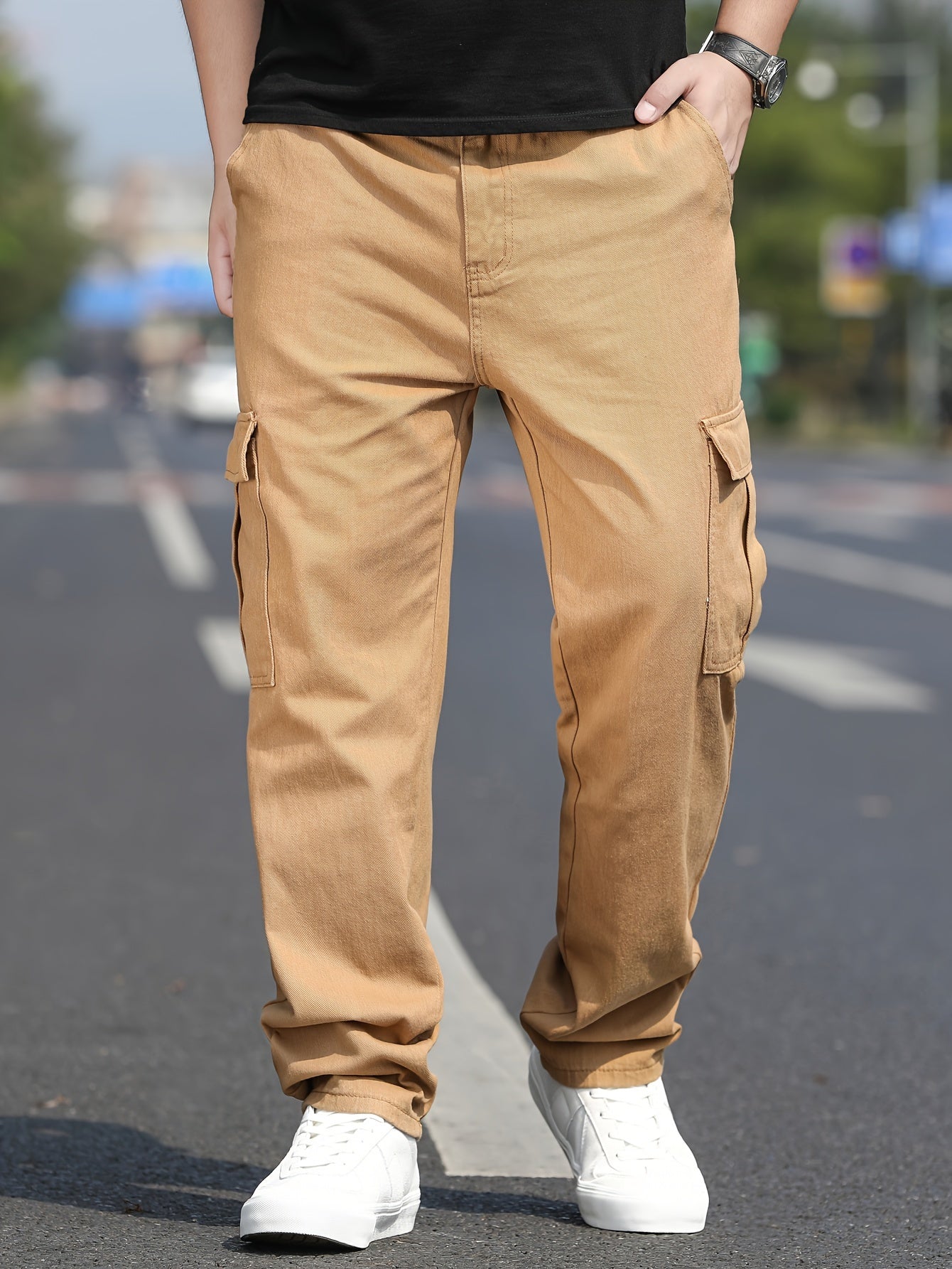 Мужские брюки-карго большого размера, 100% хлопок, однотонные, повседневные, классический крой
