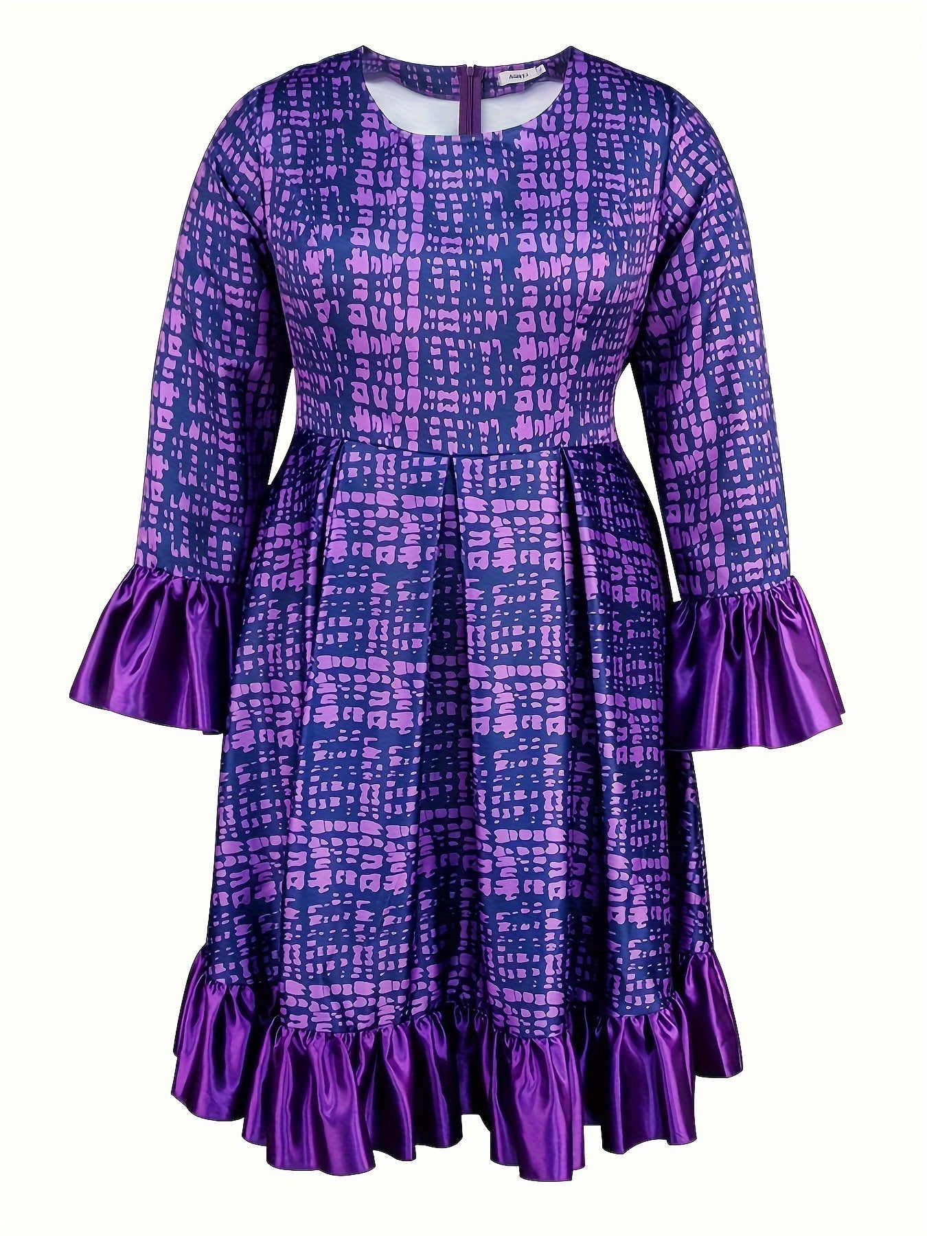 Plus Size Flutter Sleeve Midi Bridesmaid Dress Polyester Knit Plaid Fit and Flare