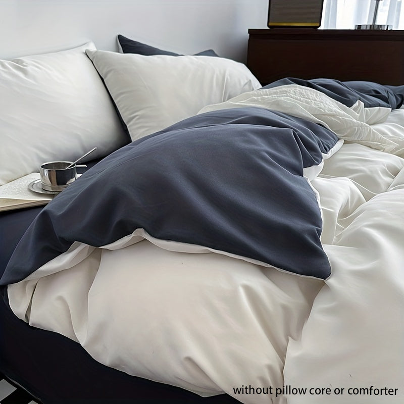 Set of 3 Solid Color Double Stitch Quilt Cover Sets in White Blue Gray with Pillowcases