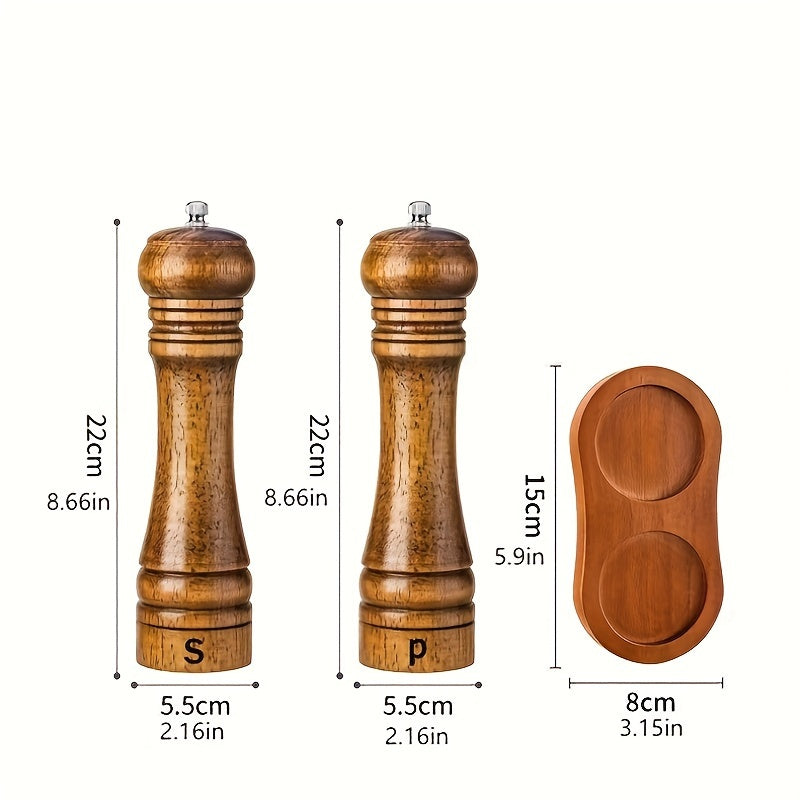 Set of 2 or 3 Wooden Salt and Pepper Grinders with Tray, Manual Sea Salt and Pepper Mill
