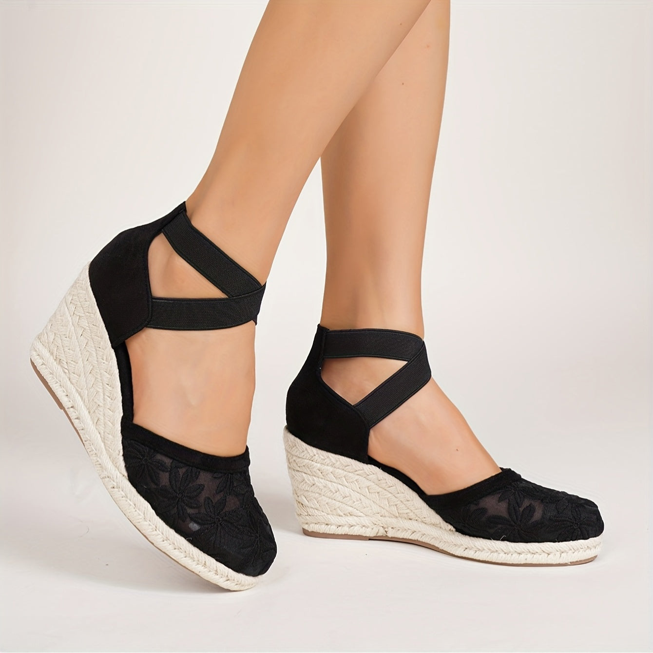 Women's Black High Heel Espadrille Pumps With Non-Slip Wedge and Ankle Straps