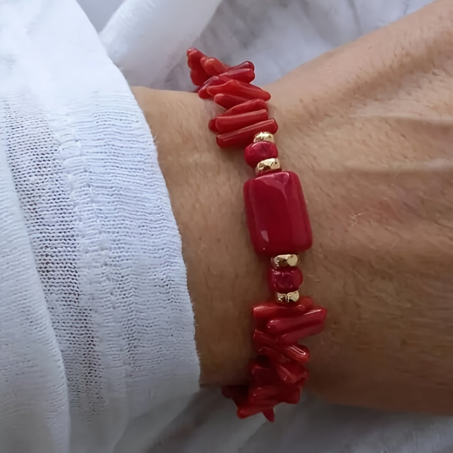 Women's Red Coral Boho Bracelet with December Birthstone and Toggle Clasp