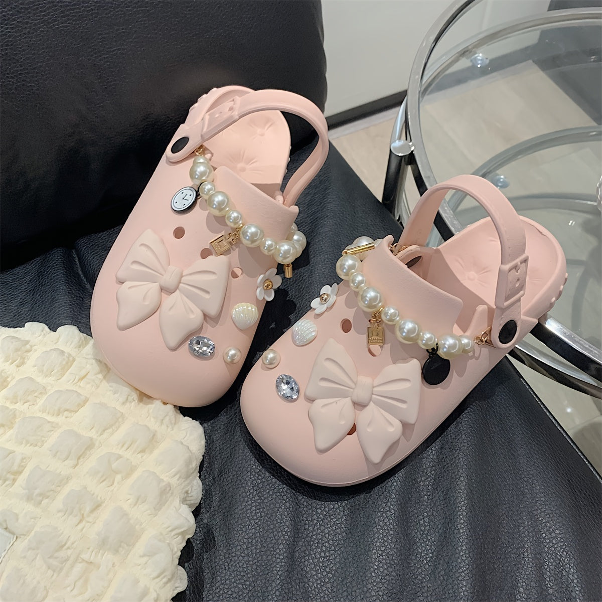 Women's Faux Pearl Clogs Platform Bowknot Breathable Hollow Out Garden Shoes