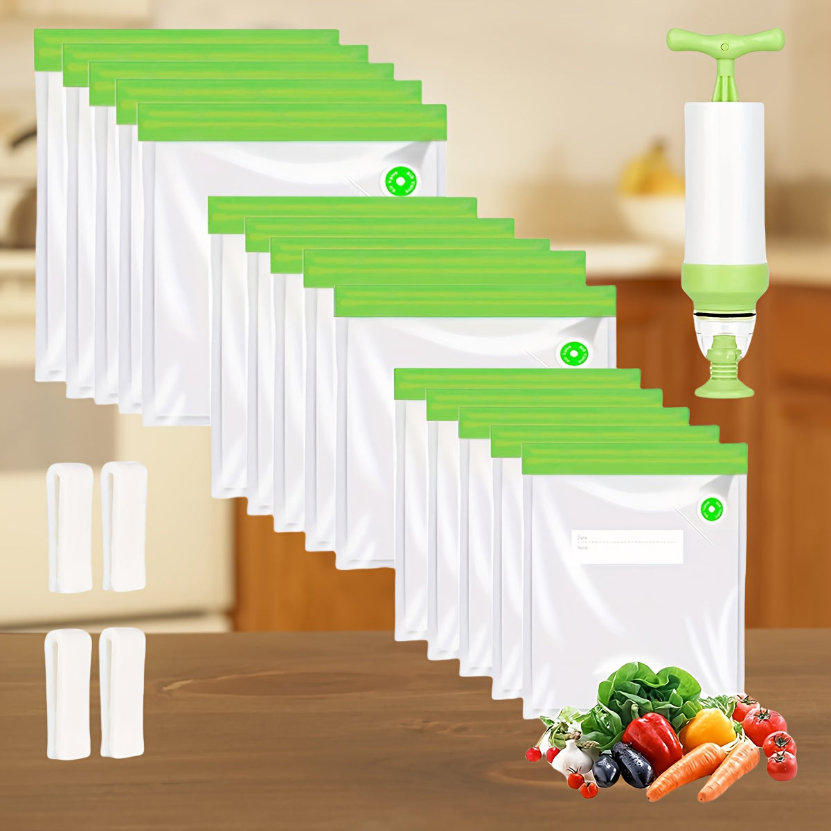 20-Pack Vacuum Food Storage Bags Set with Clips and Hand Pump for Freshness Preservation