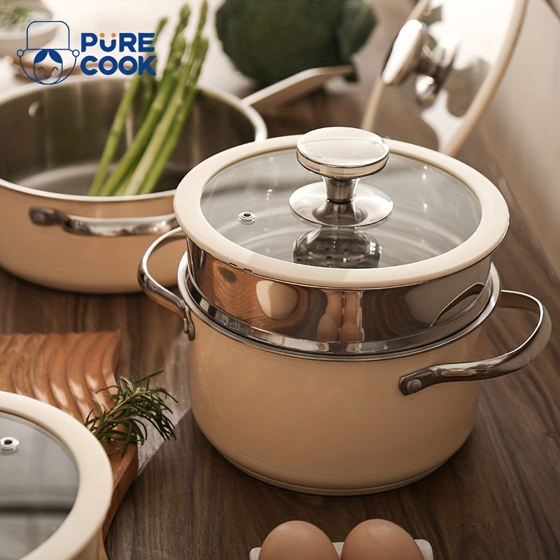 Cooking Pots Set with Glass Lids Stainless Steel Beige and White Compatible with Gas Stove