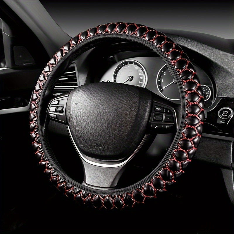 Embroidered Faux Leather Steering Wheel Cover Universal Fit Anti-Slip Durable Car Accessory