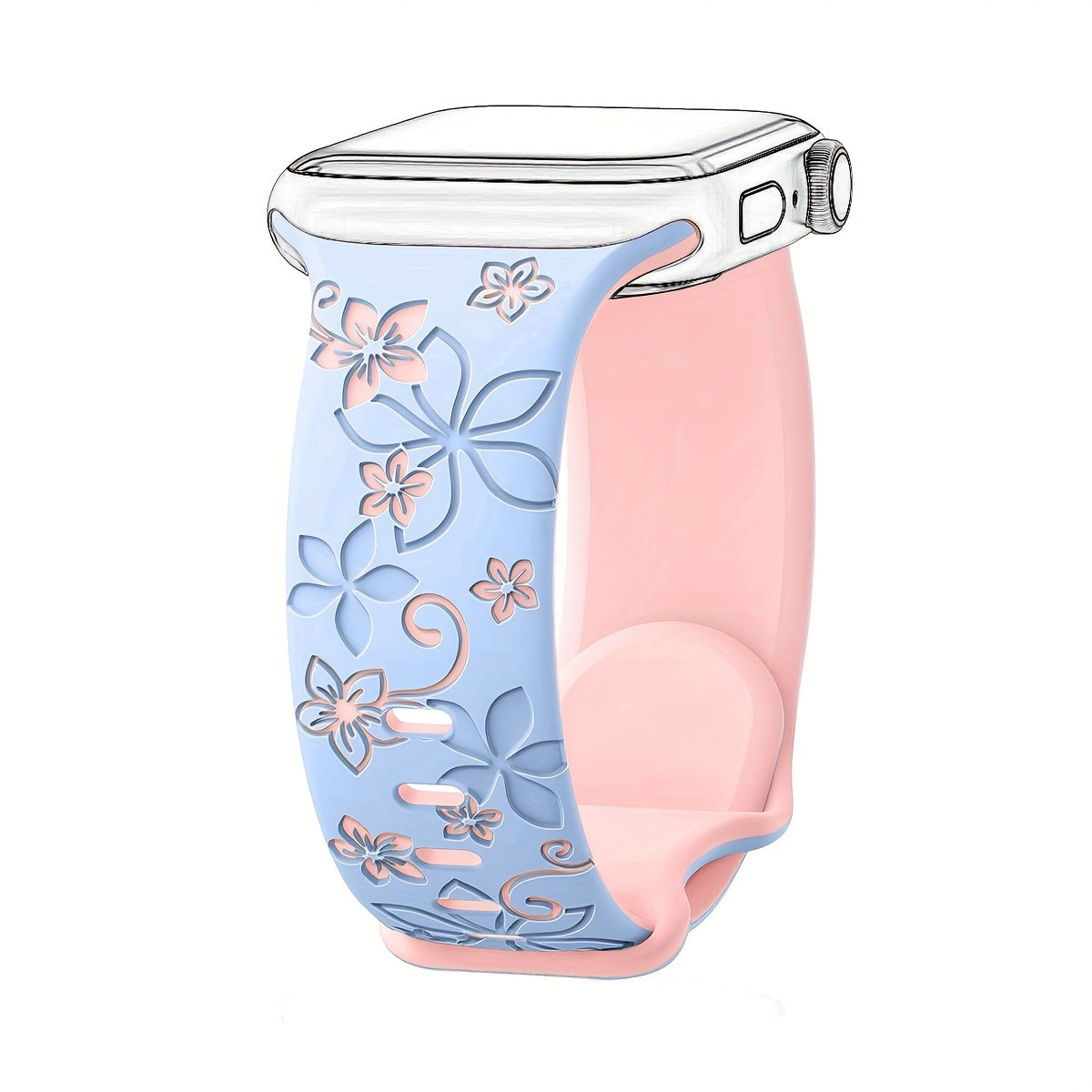 Waterproof Floral Silicone Watch Band with Butterfly Clasp for Apple Watch Series 1-10 SE in Multiple Colors