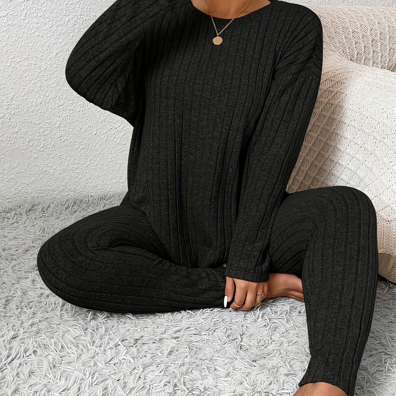 Women's Large Ribbed Autumn Winter Home Wear Casual Set