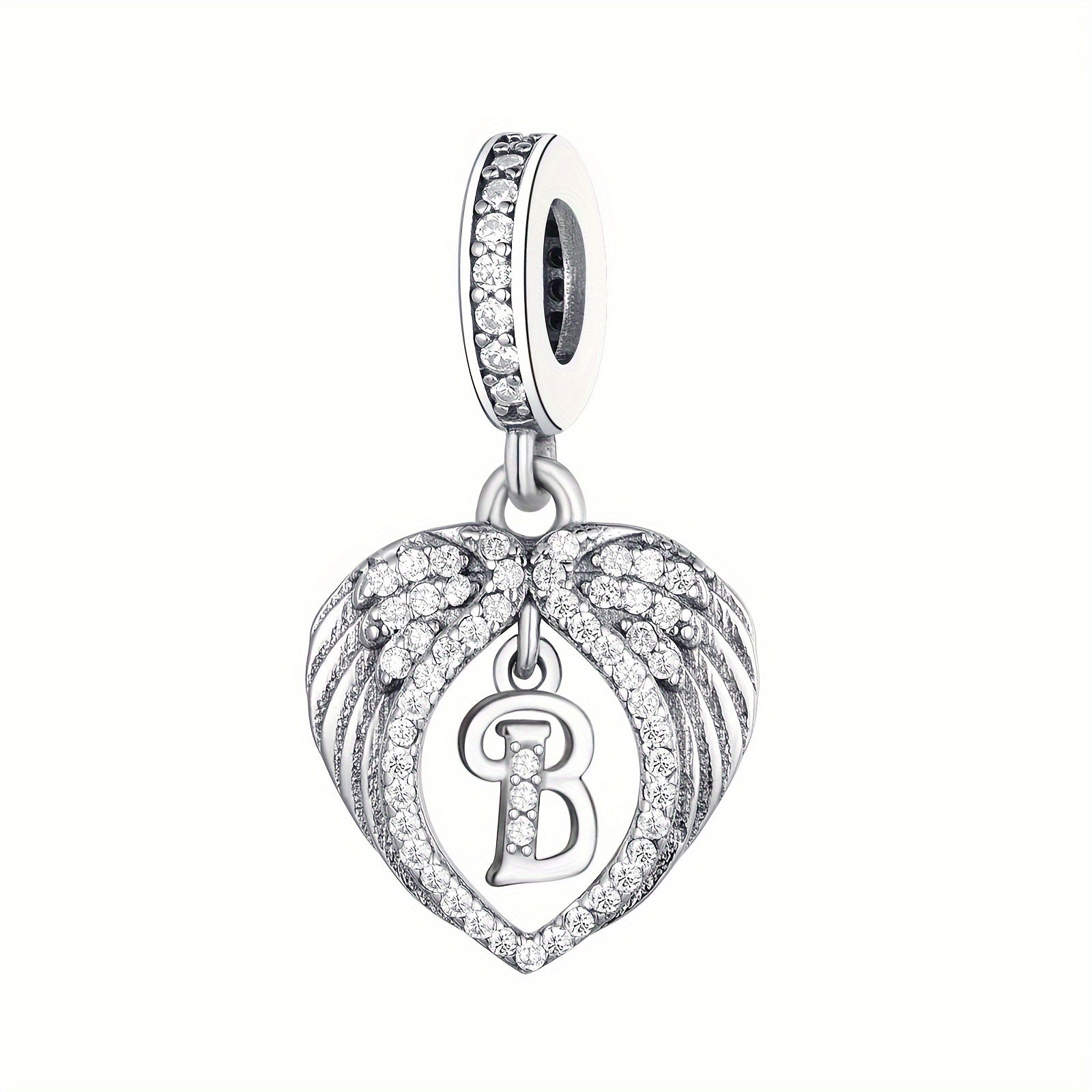 Sterling Silver Heart-Shaped Wing Pendant with Zircon Letter for DIY Jewelry