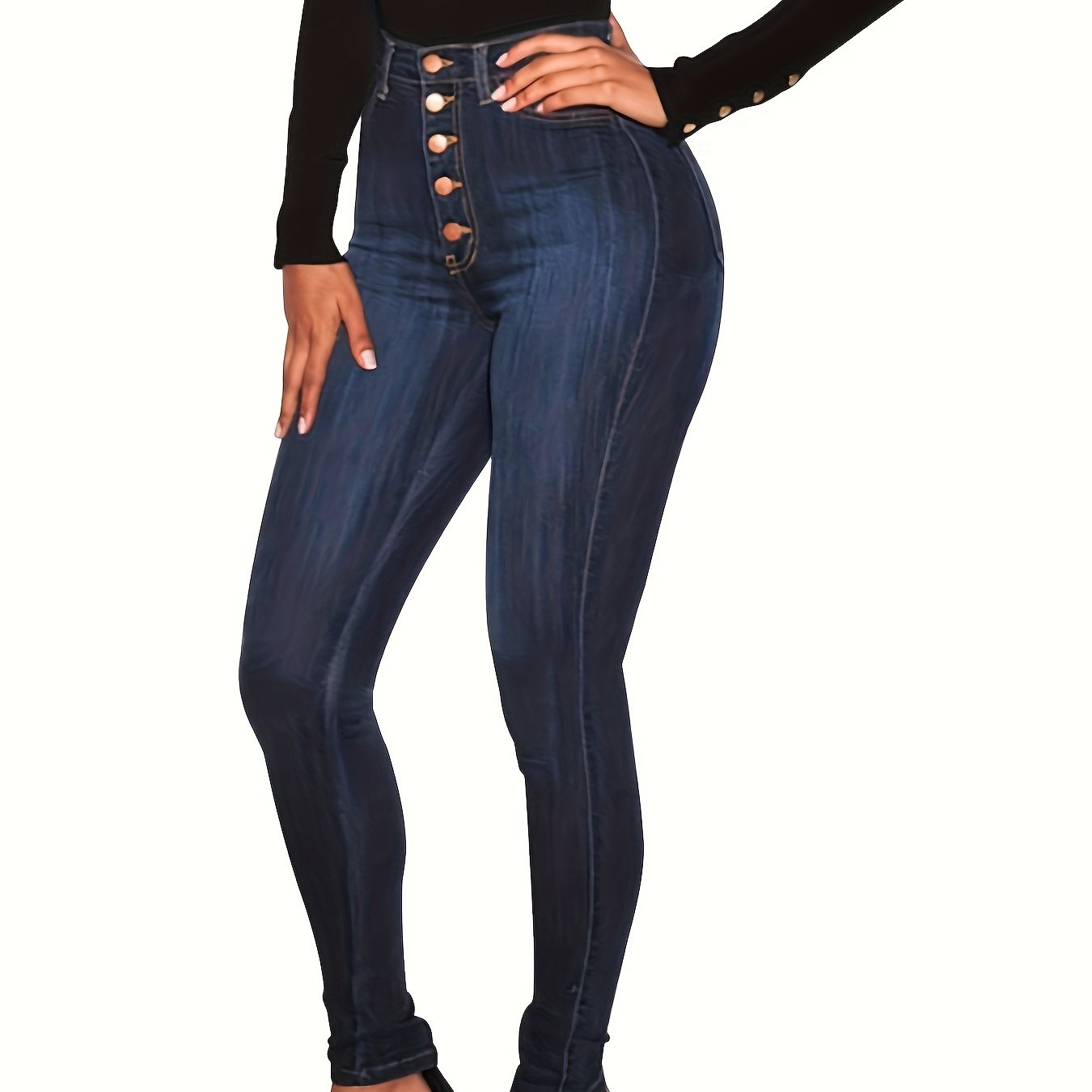Women's High-Waist Skinny Jeans Cotton Blend Solid Color with Curve-Enhancing Fit