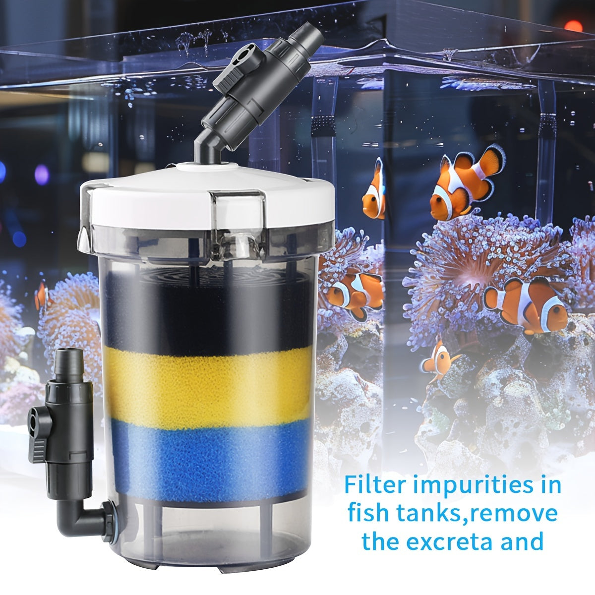 208.2 L gacha bo'lgan akvariumlar uchun jim filtr chelak, 16mm suv chiqishi, PVC material, shirin va tuzli suv uchun mos.