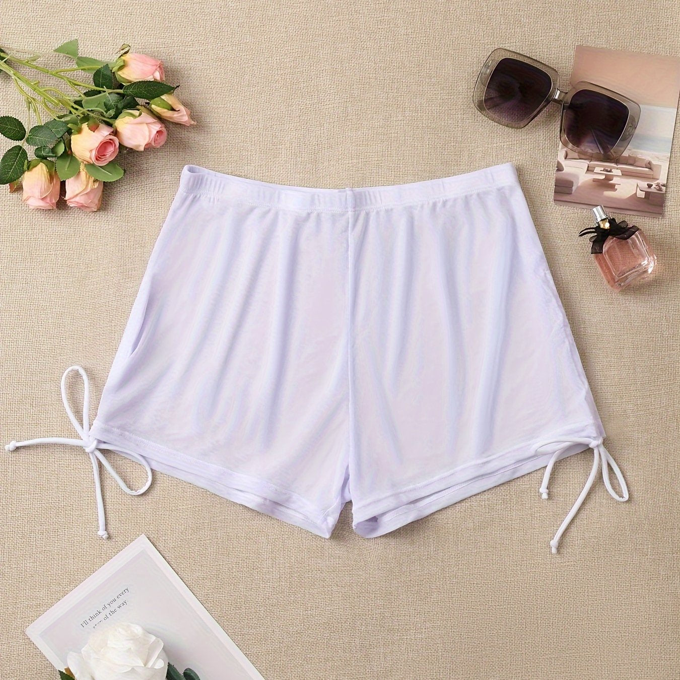 Women's Solid Color Mesh Swim Shorts Semi-Sheer Side Tie Ruched Bikini Bottoms