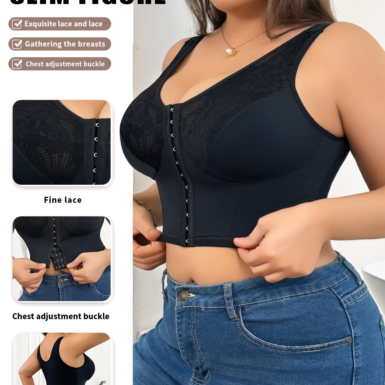 Plus Size Lace Trim Floral Print Front Closure Shaping Bra with Adjustable Straps