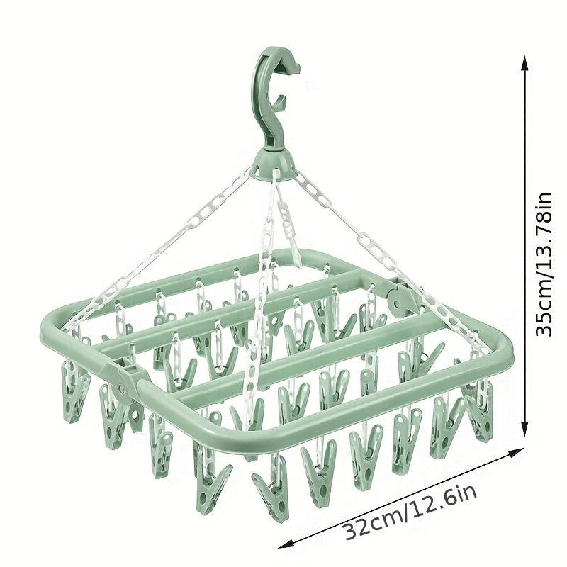 Large Capacity Plastic Socks Hanger with 32 Clips Clothes Drying Rack for Bathroom Bedroom Closet Green