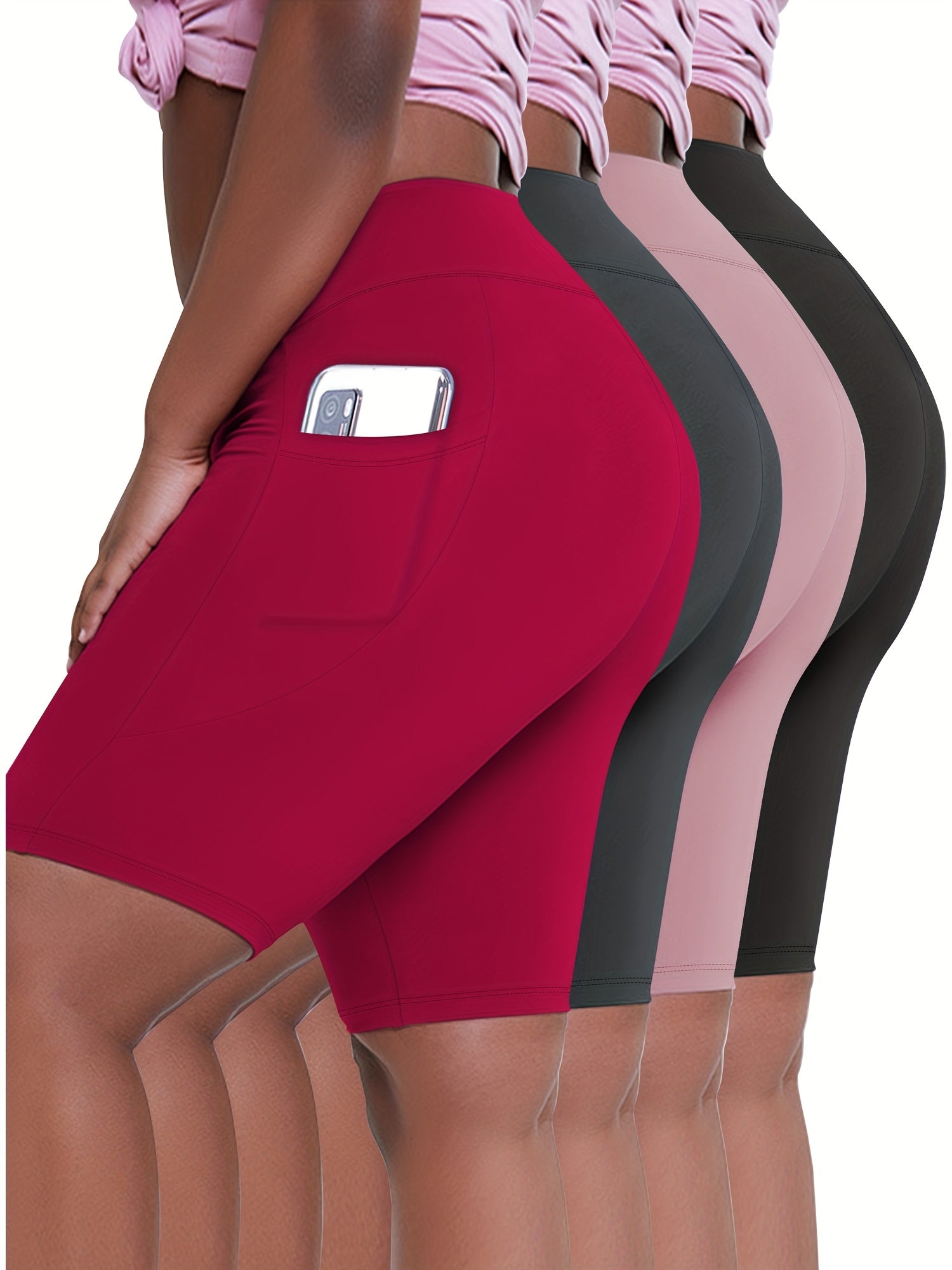 Plus Size Biker Shorts 4-Pack Polyester Knit High-Waisted Pockets Summer