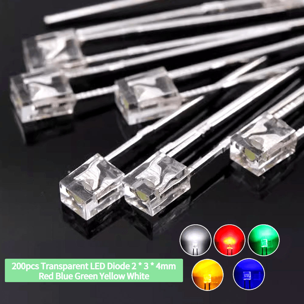 200pcs Square Transparent LED Diodes Assorted Colors 2x3x4mm Low Voltage