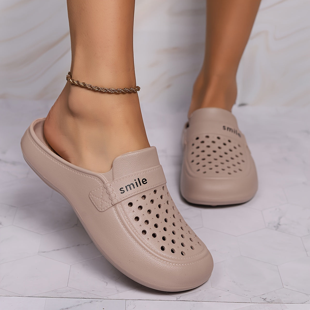 Women's Black EVA Mules with Smile Print Flat Casual Footwear