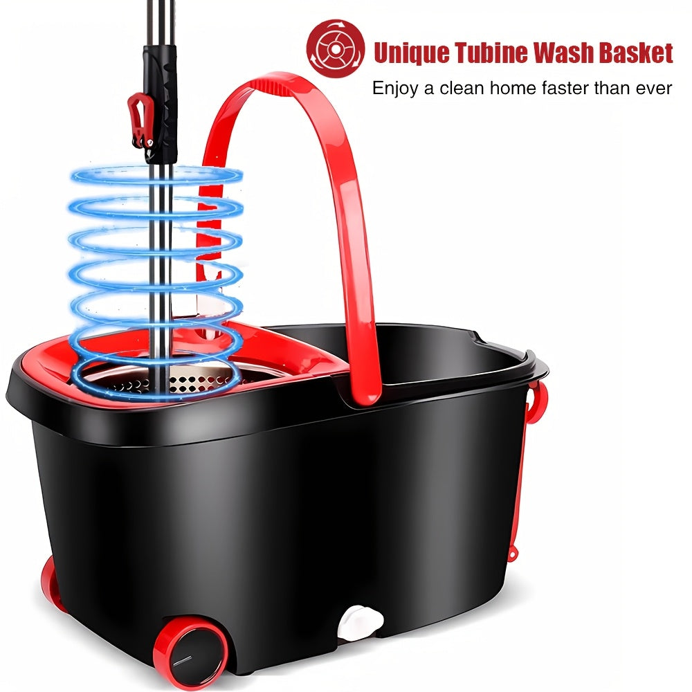 Премиум набор швабры с ведром и ремешком на запястье, включает 4 микрофибровые сменные головки, 2 колесика, комплект для уборки полов без помощи рук для гостиной, спальни, ванной и кухни - изготовлен из долговечного пластикового материала.