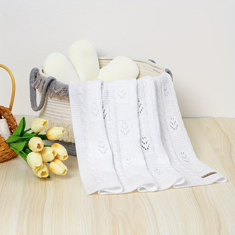 Плед однотонного цвета для весны и лета, вязанный с кабельным узором, с вырезами, светло-зеленый, хаки, белый