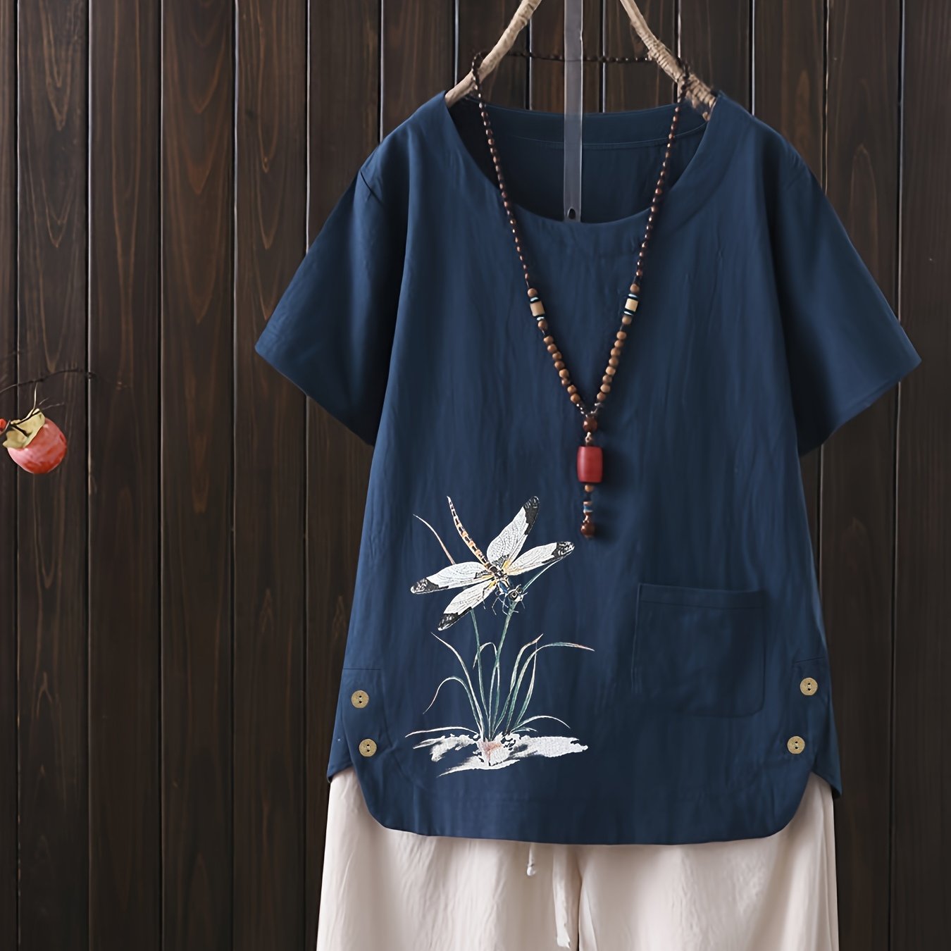 Plus Size Women's Animal Print Casual Button-Up Shirt Navy Blue Short Sleeve