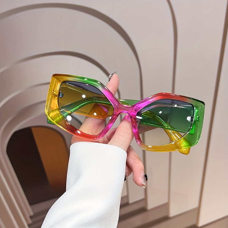 Polygon Y2K Sunglasses with Color Block Gradient Lenses for Sun Protection